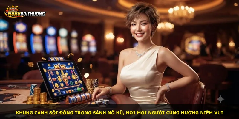 Khung cảnh sôi động trong sảnh nổ hũ, nơi mọi người cùng hưởng niềm vui